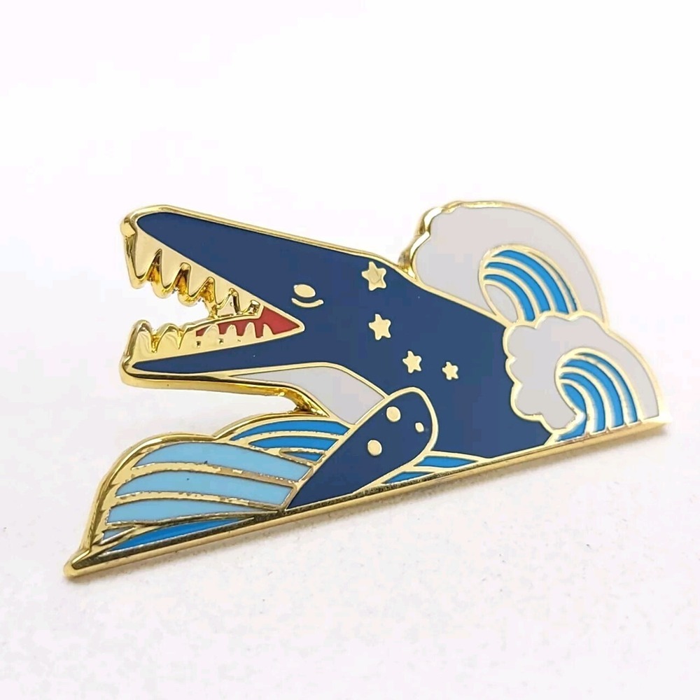 Kim Young Prehistoric Whale Enamel Lapel Pin Dinosaur Gold Toned Clutch Back